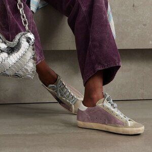 GOLDEN GOOSE Super-Star leather-trimmed distressed glittered suede sneakers